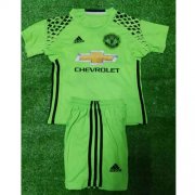 Kids Manchester United 2016-17 Green Goalkeeper Soccer Shirt With Shorts