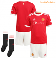 2021-22 Manchester United Kids Home Soccer Full Kits Shirt & Shorts & Socks