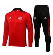 2021-22 Manchester United Red Black Tracksuits Training Jacket Kits with Pants