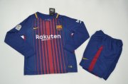 Kids Barcelona 2017-18 Home Long Sleeve Soccer Shirt With Shorts