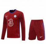 2020-21 Chelsea Long Sleeve Goalkeeper Red Soccer Jersey Kits (Shirt+Shorts)