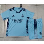 2020-21 Real Madrid Kids Blue Goalkeeper Soccer Kits Shirt With Shorts