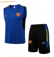 2021-22 Manchester United Blue Training Vest Kits Soccer Shirt with Shorts